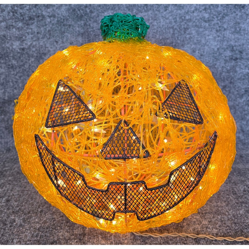 Spaghetti Plastic Pumpkin Jack O Lantern Light Up Decor Vintage Orange Spun 13"